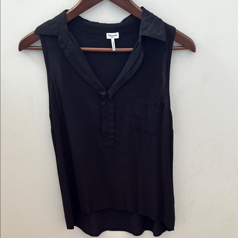 Splendid Women’s Flowy Sleeveless Black Top Rayon front Pima cotton back hi low